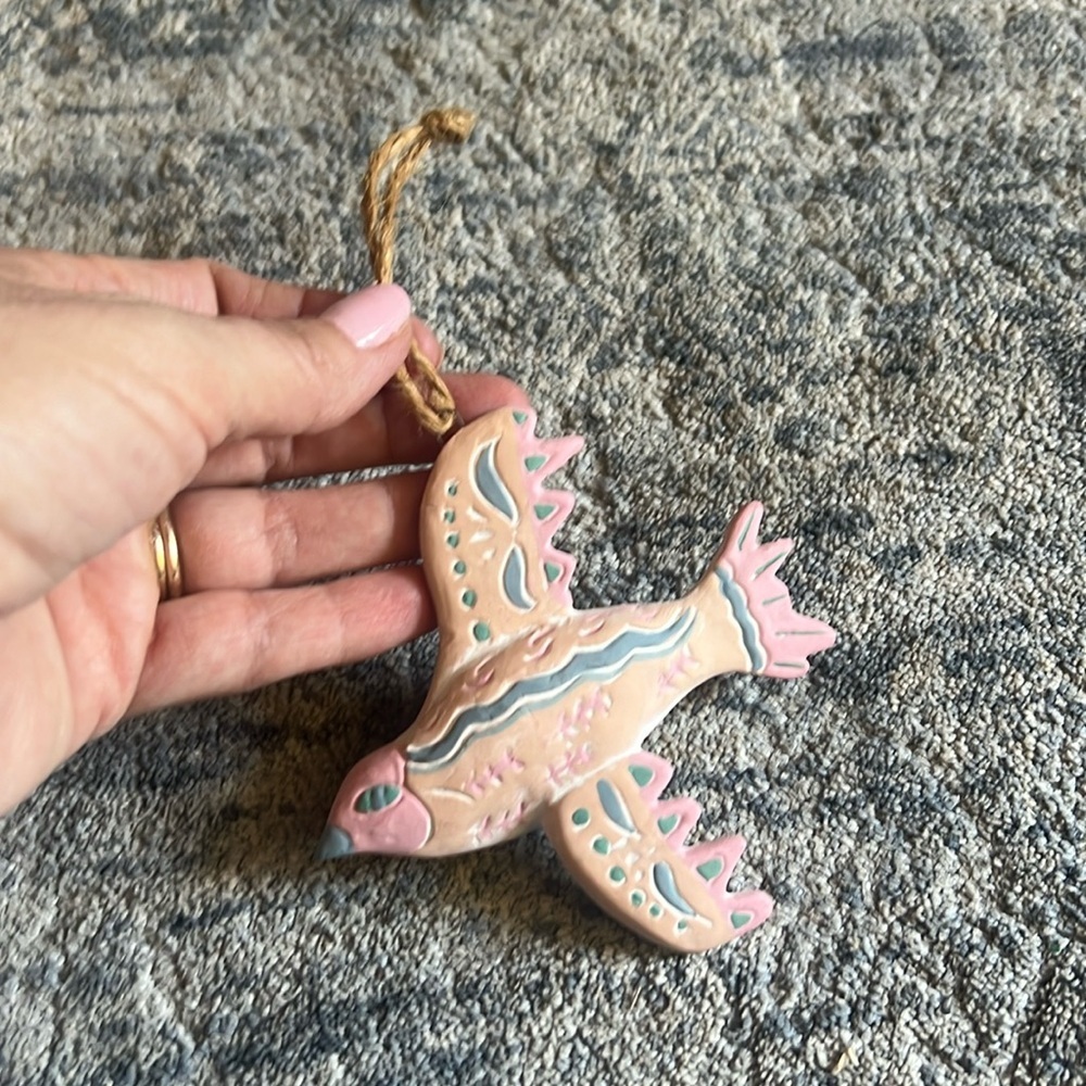 Pastel Hand Painted Clay Bird Christmas Ornament Pink Tan Gray Southwestern